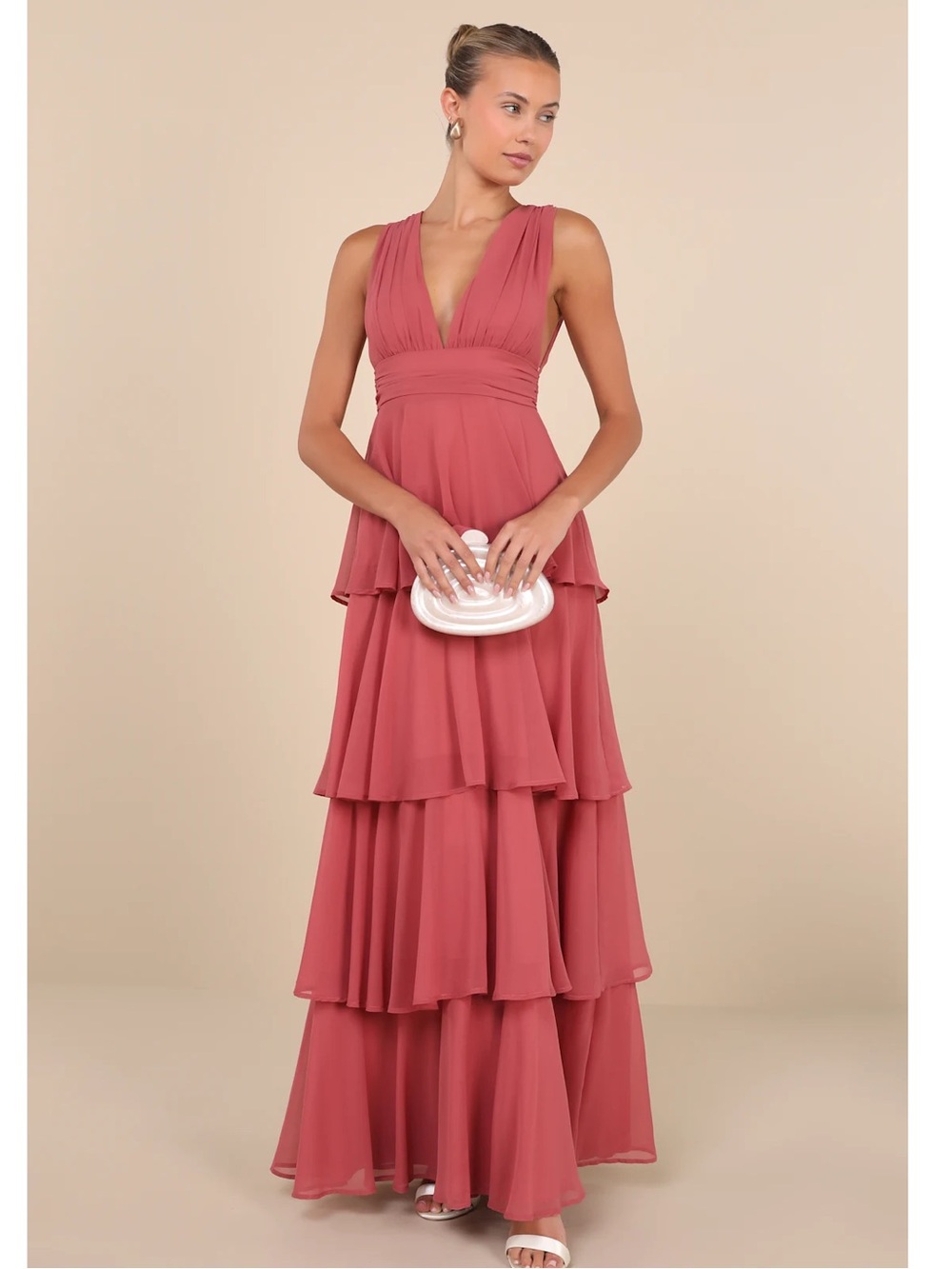 Lulus Amazing Evening Dark Rose Pink Tiered V-Neck/Back Chiffon Maxi Dress NWT L